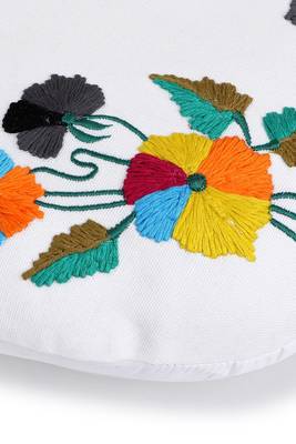 Mezposh white & multi floral embroidered cotton canvas cushion cover (16 inch dia) 5
