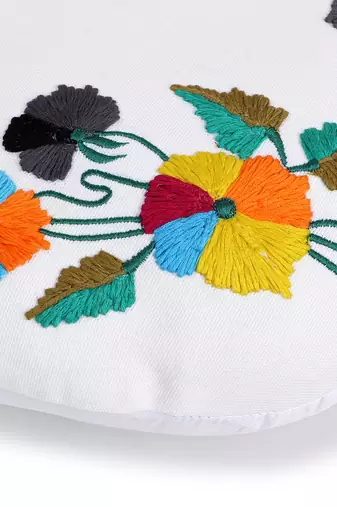 Mezposh white & multi floral embroidered cotton canvas cushion cover (16 inch dia)