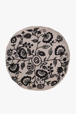 Mezposh beige & black floral embroidered chambray canvas cushion cover (16 inch dia) 2