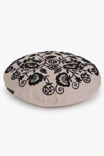 Mezposh beige & black floral embroidered chambray canvas cushion cover (16 inch dia)