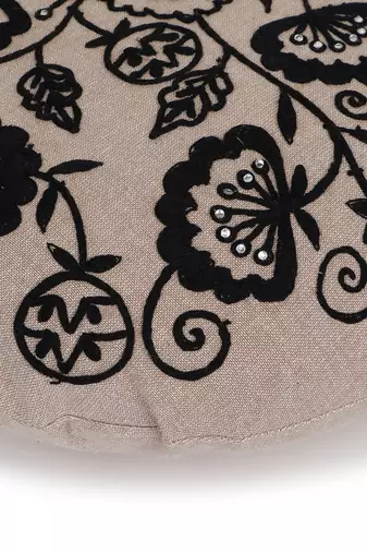 Mezposh beige & black floral embroidered chambray canvas cushion cover (16 inch dia)