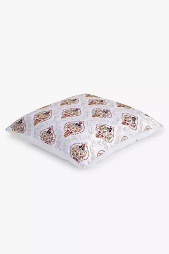 Mezposh white, gold & multi damask embroidered faux silk cushion cover (16"x16")