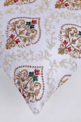 Mezposh white, gold & multi damask embroidered faux silk cushion cover (16"x16")