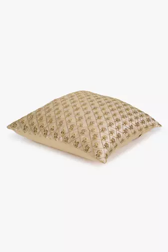 Mezposh beige & gold embroidered faux silk cushion cover (16"x16")