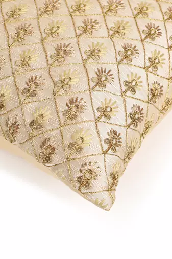 Mezposh beige & gold embroidered faux silk cushion cover (16"x16")