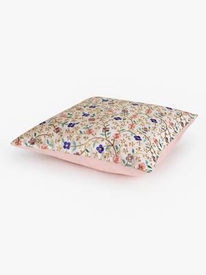 Mezposh cream & multi floral embroidered faux silk cushion cover (16"x16") 4