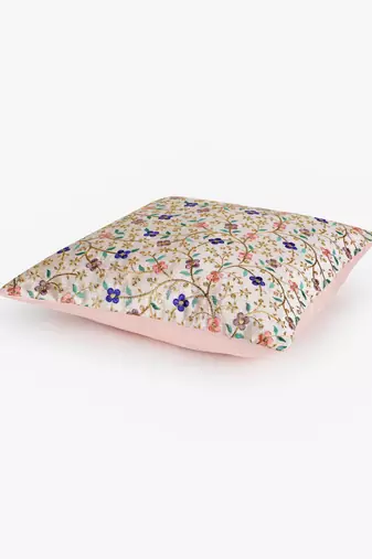 Mezposh cream & multi floral embroidered faux silk cushion cover (16"x16")
