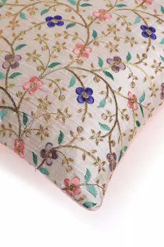 Mezposh cream & multi floral embroidered faux silk cushion cover (16"x16")
