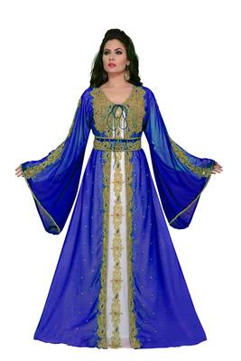 Royal-Blue & white color Handmade Moroccan Kaftan with hijab 1