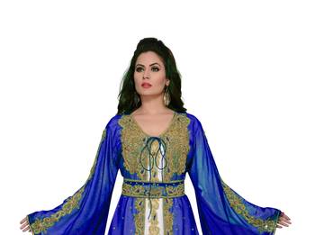 Royal-Blue & white color Handmade Moroccan Kaftan with hijab 2