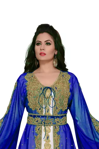Royal-Blue & white color Handmade Moroccan Kaftan with hijab
