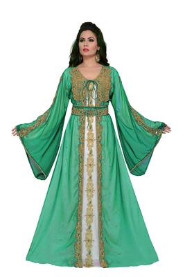 Sea-Green & white color Handmade Moroccan Kaftan with hijab 1
