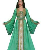 Sea-Green & white color luxurious Handmade Moroccan Kaftan with hijab