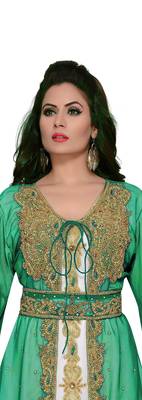 Sea-Green & white color Handmade Moroccan Kaftan with hijab 2