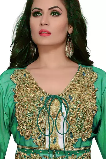 Sea-Green & white color Handmade Moroccan Kaftan with hijab
