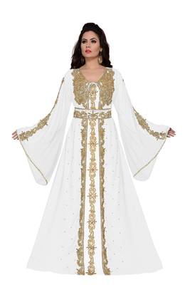 Off-White & white color Handmade Moroccan Kaftan with hijab 1