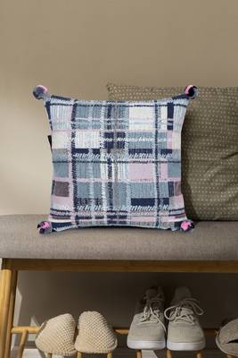 Mezposh blue, pink & multi checkered cotton acrylic jacquard cushion cover (16"x16") 1