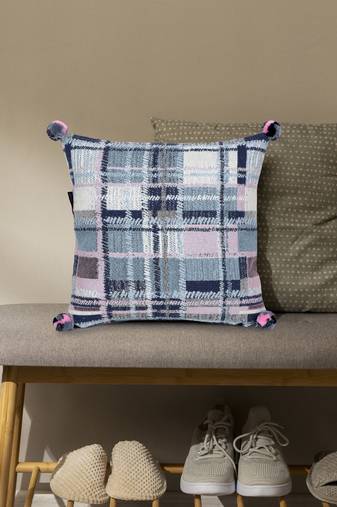Mezposh blue, pink & multi checkered cotton acrylic jacquard cushion cover (16"x16")