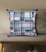 Mezposh blue, pink & multi checkered cotton acrylic jacquard cushion cover (16"x16")