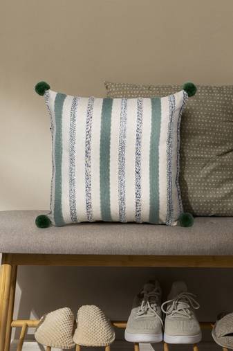 Mezposh natural & sage  striped cotton acrylic jacquard cushion cover (16"x16")