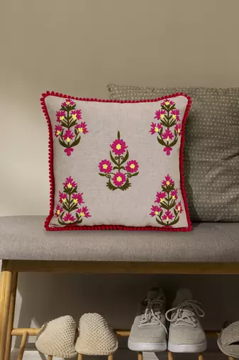 Mezposh beige, pink & green floral embroidered chambray canvas cushion cover (16"x16")