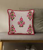 Mezposh beige, pink & green floral embroidered chambray canvas cushion cover (16"x16")