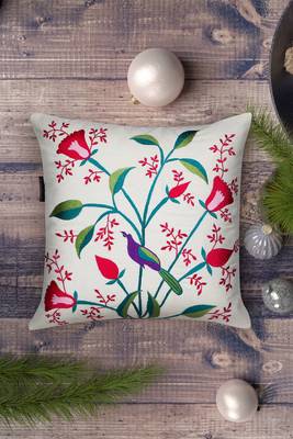 Mezposh natural, pink & green quirky embroidered cotton canvas cushion cover (16"x16") 1