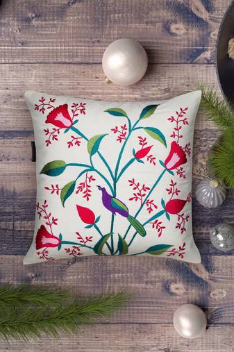 Mezposh natural, pink & green quirky embroidered cotton canvas cushion cover (16"x16")