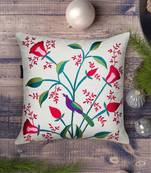 Mezposh natural, pink & green quirky embroidered cotton canvas cushion cover (16"x16")