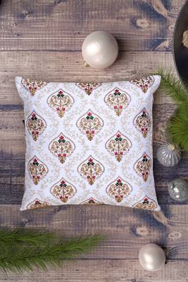 Mezposh white, gold & multi damask embroidered faux silk cushion cover (16"x16") 1