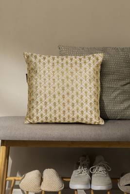Mezposh beige & gold embroidered faux silk cushion cover (16"x16") 1