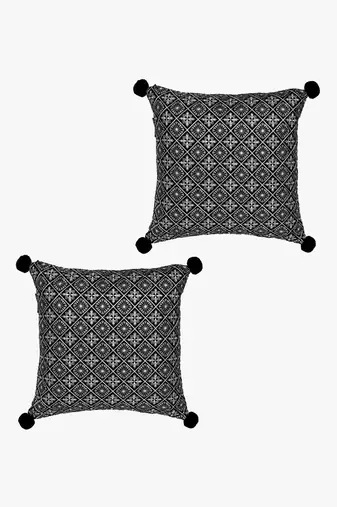 Mezposh black & multi harlequin embroidered velvet & faux silk cushion covers (16"x16") set of 2