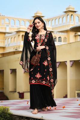Trendmalls  Georgette Long Stitch Floral Embroidery Salwar Suit Set Kurta Sharara with Dupatta 1
