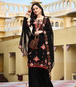Trendmalls  Georgette Long Stitch Floral Embroidery Salwar Suit Set Kurta Sharara with Dupatta