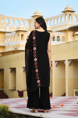 Trendmalls  Georgette Long Stitch Floral Embroidery Salwar Suit Set Kurta Sharara with Dupatta 3