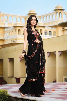 Trendmalls  Georgette Long Stitch Floral Embroidery Salwar Suit Set Kurta Sharara with Dupatta 5