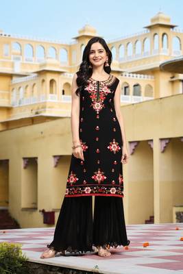 Trendmalls  Georgette Long Stitch Floral Embroidery Salwar Suit Set Kurta Sharara with Dupatta 6