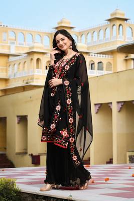 Trendmalls  Georgette Long Stitch Floral Embroidery Salwar Suit Set Kurta Sharara with Dupatta 8