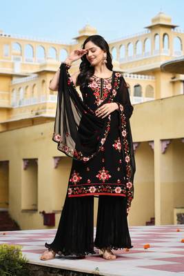 Trendmalls  Georgette Long Stitch Floral Embroidery Salwar Suit Set Kurta Sharara with Dupatta 10