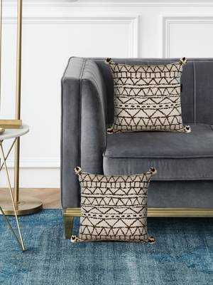 Mezposh cream & gold geometric cotton acrylic jacquard cushion covers (16"x16") set of 2 1