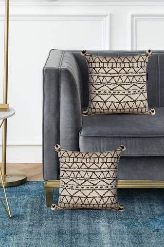 Mezposh cream & gold geometric cotton acrylic jacquard cushion covers (16"x16") set of 2
