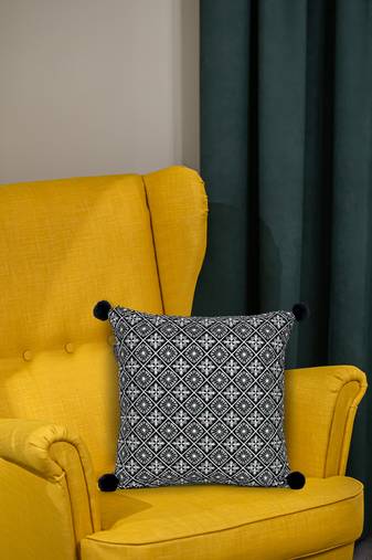 Mezposh black & multi harlequin embroidered velvet & faux silk cushion cover (16"x16")