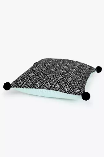 Mezposh black & multi harlequin embroidered velvet & faux silk cushion cover (16"x16")