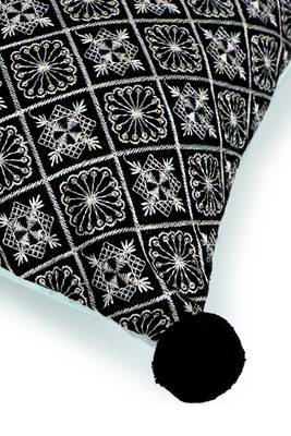 Mezposh black & multi harlequin embroidered velvet & faux silk cushion cover (16"x16") 5