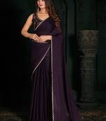 Women'S Purple Diamond Zari Stone Border Chiffon Party Wear Saree With Blouse Piece