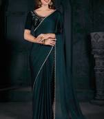 Teal Blue Women'S Diamond Zari Stone Border Chiffon Party Wear Saree With Blouse Piece
