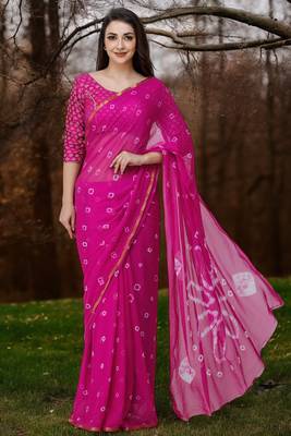 Women's pink color bandhani chiffon saree with blouse 1