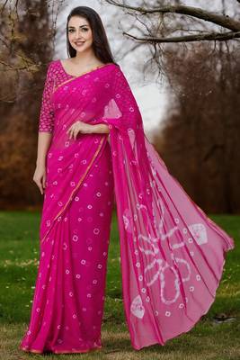 Women's pink color bandhani chiffon saree with blouse 4