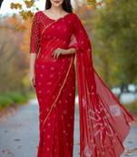 Women's red color bandhani chiffon saree with blouse