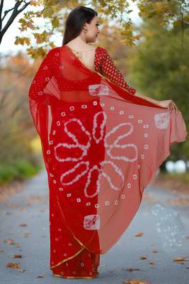 Women's red color bandhani chiffon saree with blouse 2